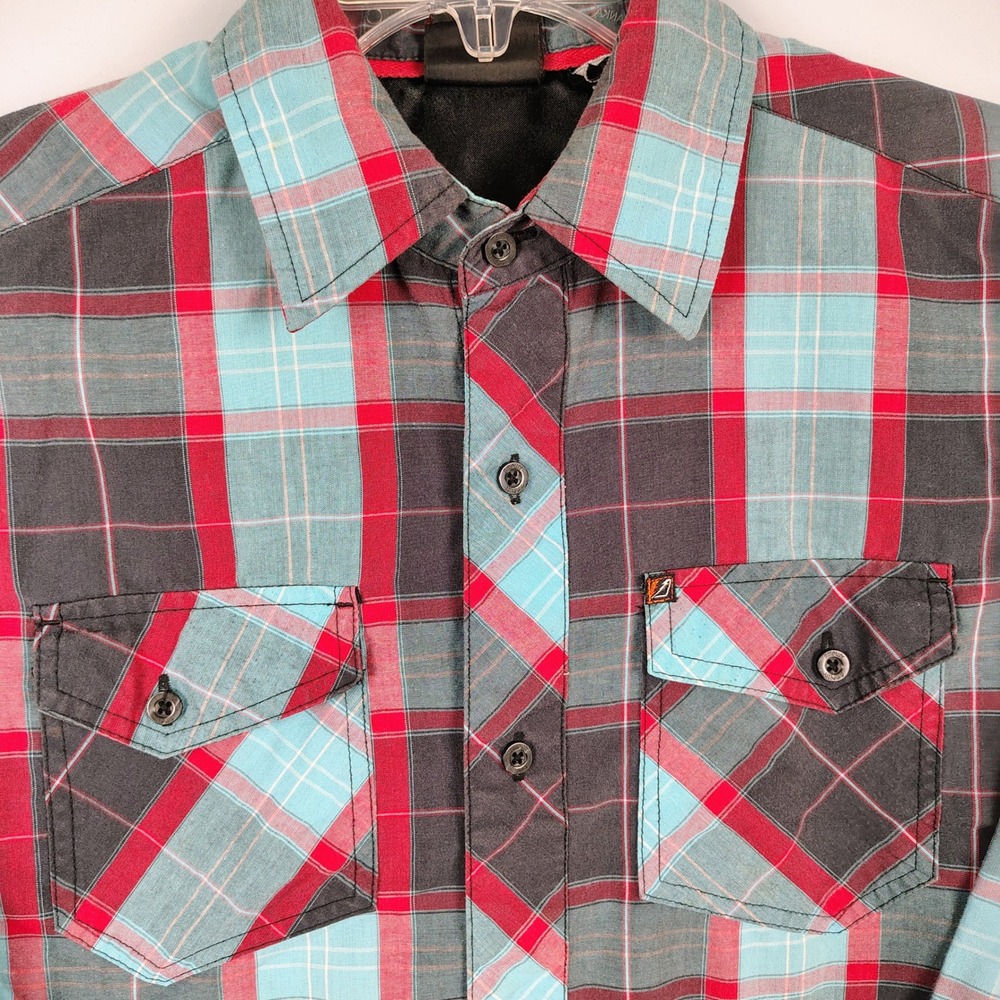 Mens S Amplify Plaid Button Down Shirt Red Teal Cotton Blend Gorpcore Grunge - Picture 3 of 9